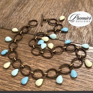 Antique Goldtone Bronze Chain Necklace Blue Beads